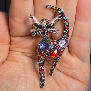 Cat Brooch Multicolor Rhinestone Statement Pin 2.5”